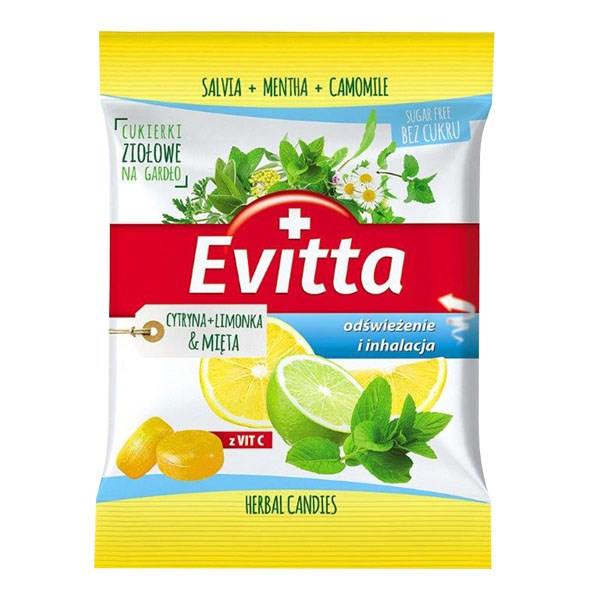 EVITTA Ziołowe cukierki bez cukru z wit.C o smaku cytryny, limonki i mięty 60g