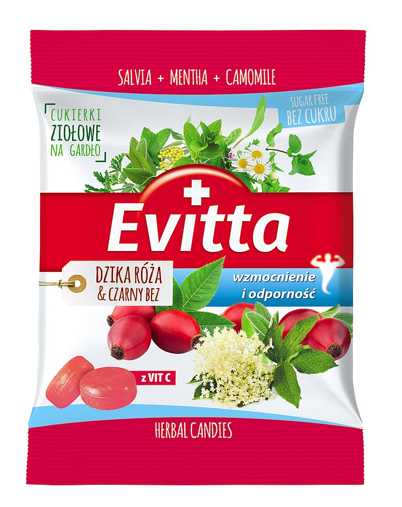EVITTA Ziołowe cukierki bez cukru z wit.C o smaku dzikiej róży 60g