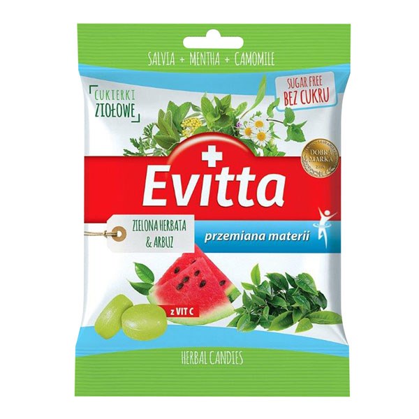 EVITTA Ziołowe cukierki bez cukru z wit.C o smaku zielonej herbaty i arbuza 60g