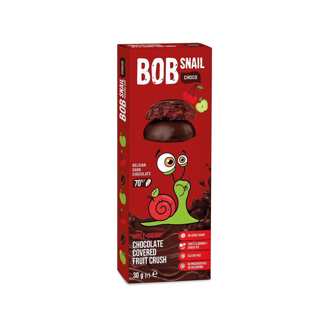 BOB SNAIL Ciasteczko owocowe jabłko-wiśnia w ciemnej belgijskiej czekoladzie 30g