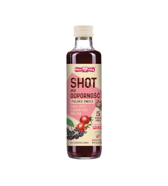 POLSKA RÓŻA SHOT na odporność polskie owoce (róża, czarny bez, malina) 250 ml