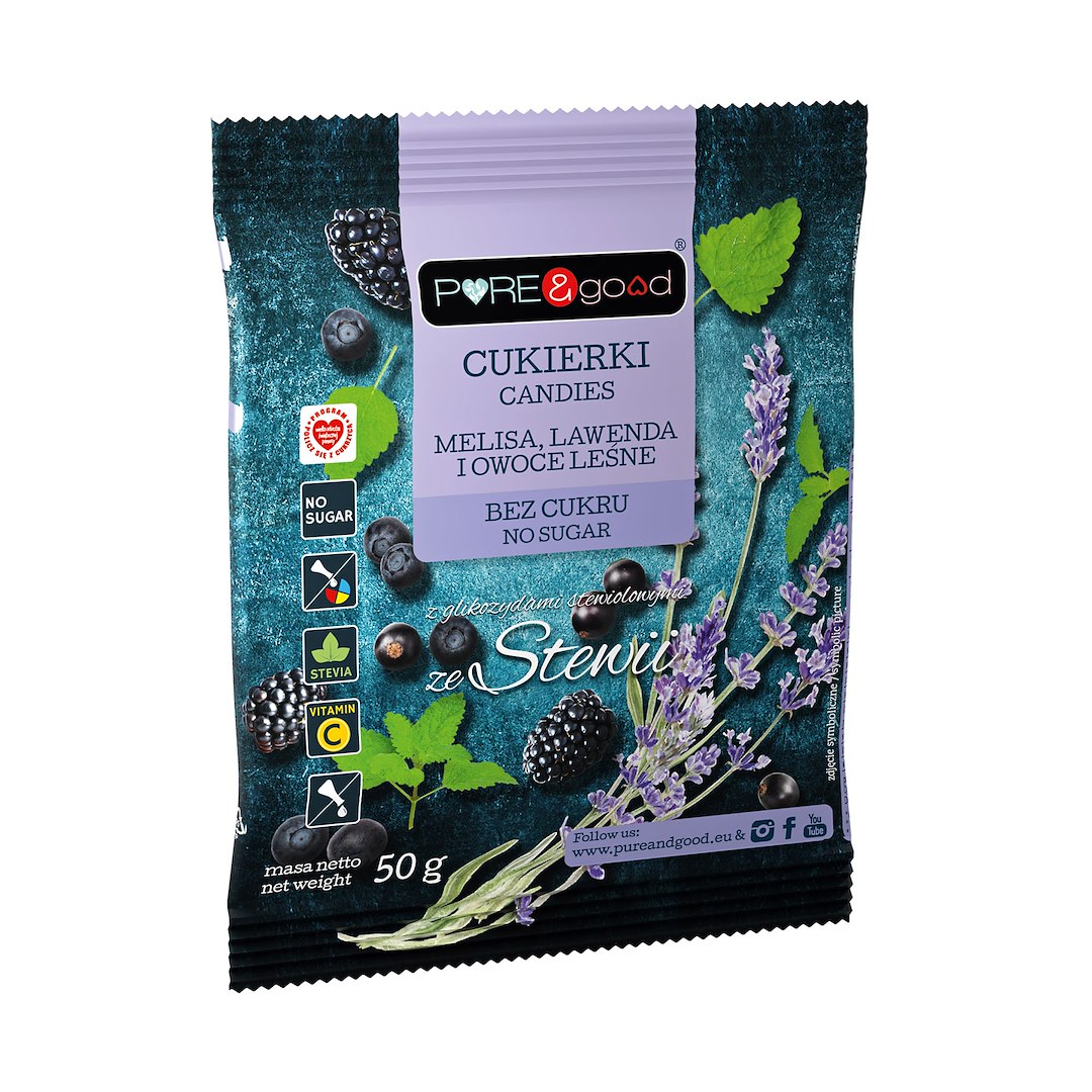 PURE&GOOD Cukierki z melisą, lawendą, owocami leśnymi bez cukru 50g