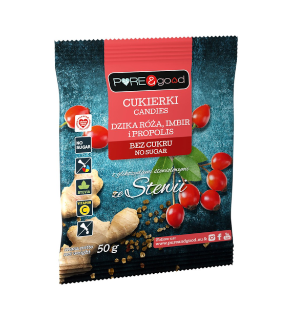 PURE&GOOD Cukierki z dziką różą, imbirem, propolisem b/c 50g