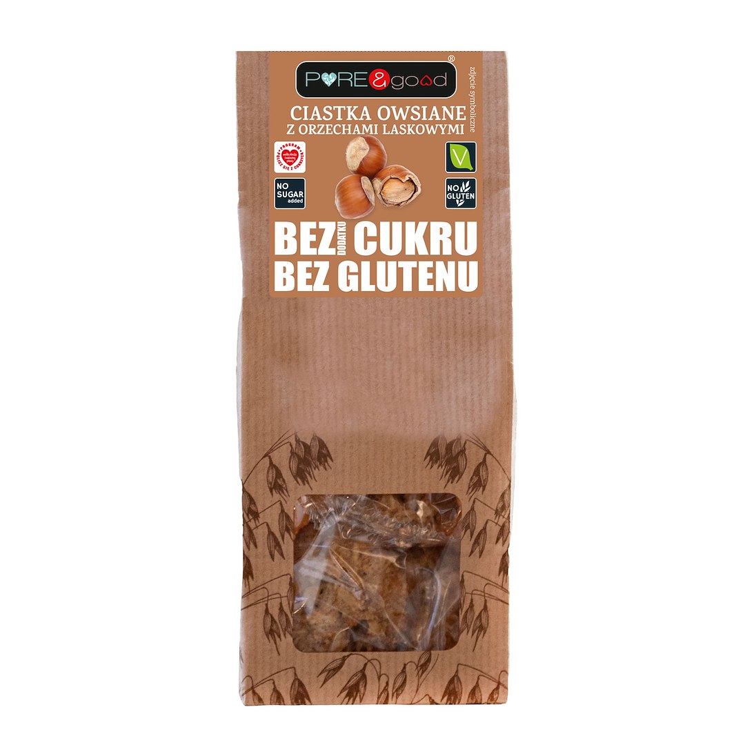 PURE&GOOD Ciastka owsiane z orzechami laskowymi bez glutenu, bez dodatku cukru 150g