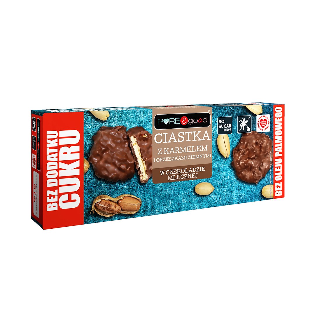 PURE&GOOD Ciastka z karmelem i z orzechami ziemnymi w czekoladzie mlecznej bez dodatku cukru 128g