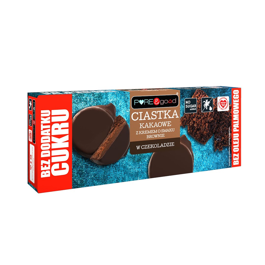 PURE&GOOD Ciastka kakaowe z kremem o smaku brownie w czekoladzie gorzkiej bez dodatku cukru 128g