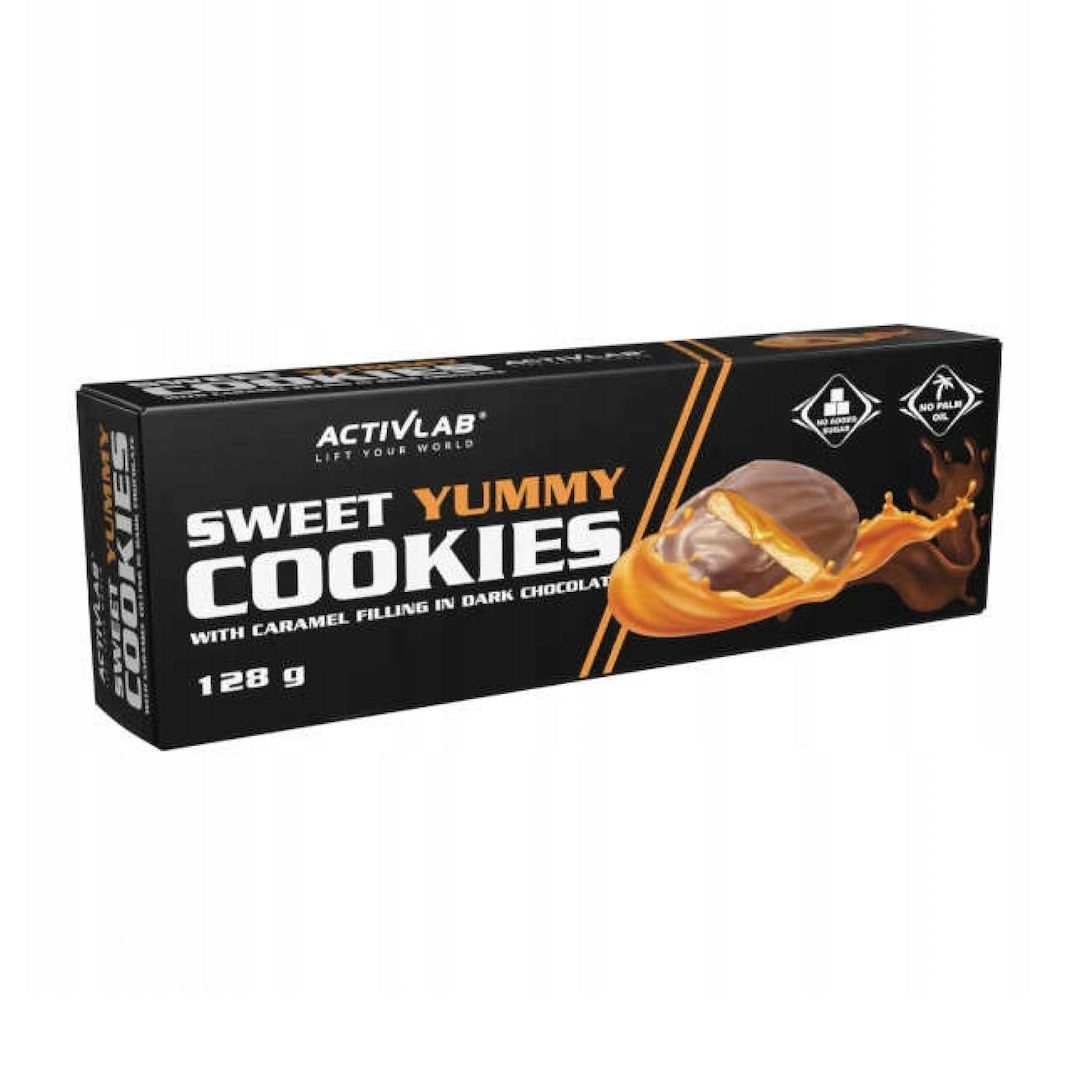 ACTIVLAB Sweet Yummy Cookies ciasteczka z nadzieniem karmelowym w czekoladzie deserowej 128g
