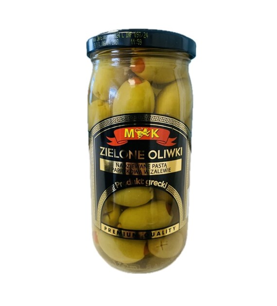M&K Oliwki greckie zielone nadziewane pastą paprykową w zalewie 350g