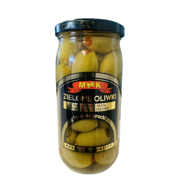 M&K Oliwki greckie zielone nadziewane pastą paprykową w zalewie 350g