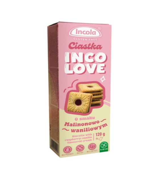 INCOLA Ciastka z kremem o smaku malinowo waniliowym i nadzieniem malinowym 120g