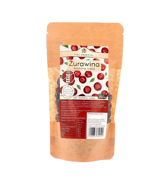 PIĘĆ PRZEMIAN Żurawina suszona z sokiem jabłkowym cięta b/c 250g