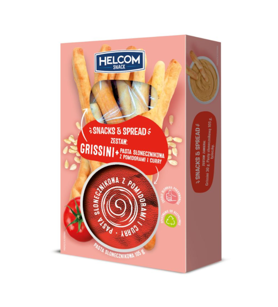 HELCOM SNACK Zestaw Snacks&Spread Grissini i Pasta słonecznikowa z pomidorami i curry 135 g
