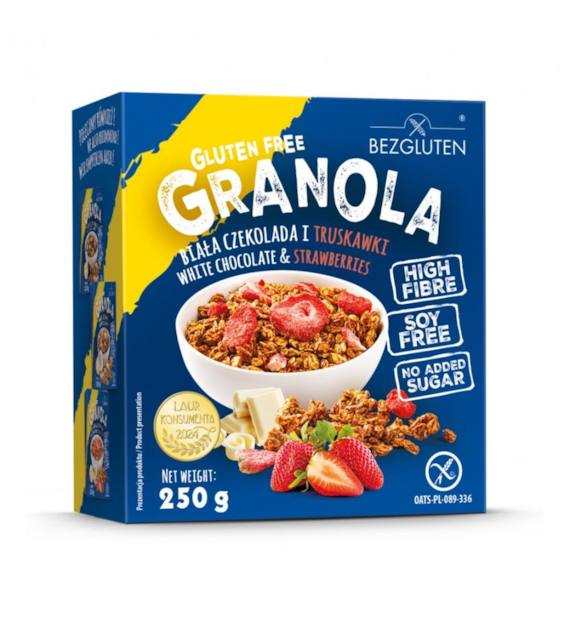 BEZGLUTEN Granola biała czekolada i truskawki bezglutenowa, b/c 250g