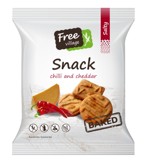 FREE VILLAGE Pieczone przekąski (snacki) o smaku sera cheddar z płatkami papryki chili b/g 100g